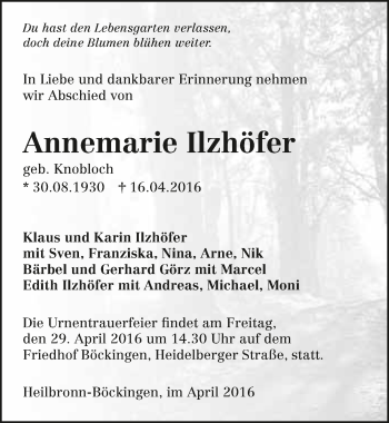 Traueranzeige von Annemarie Ilzhöfer 