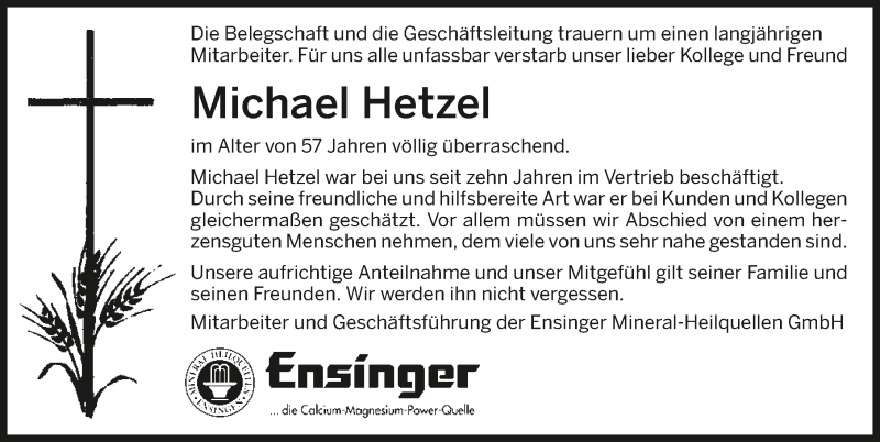  Traueranzeige für Michael Hetzel vom 16.02.2016 aus 
