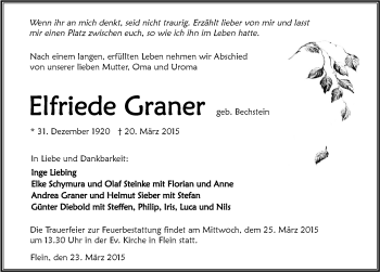 Traueranzeige von Elfriede Graner 