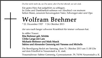 Traueranzeige von Wolfram Brehmer 