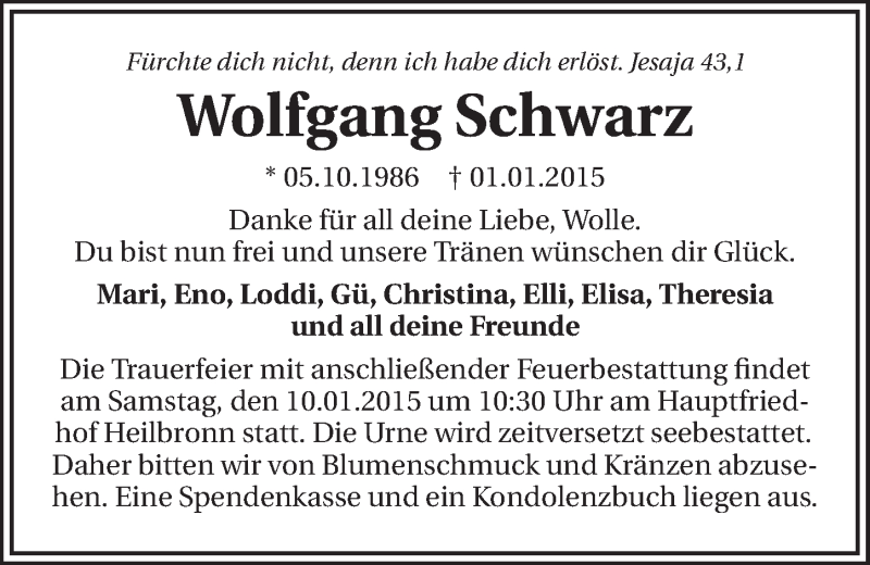  Traueranzeige für Wolfgang Schwarz vom 08.01.2015 aus 