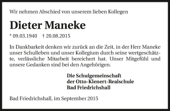 Traueranzeige von Dieter Maneke 