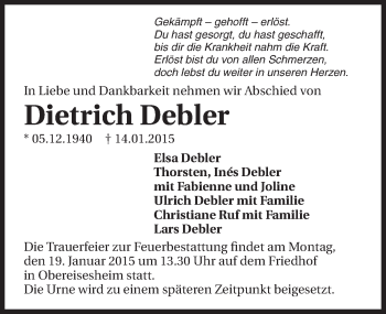 Traueranzeige von Dietrich Debler 