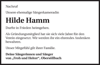 Traueranzeige von Hilde Hamm 