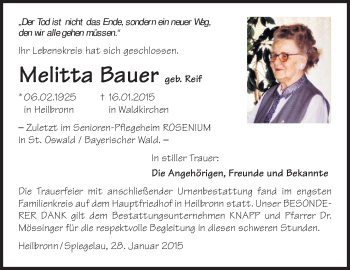 Traueranzeige von Melitta Bauer 