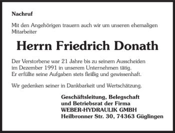 Traueranzeige von Friedrich Donath 