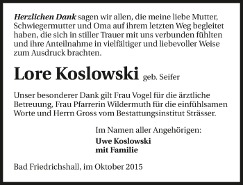 Traueranzeige von Lore Koslowski 