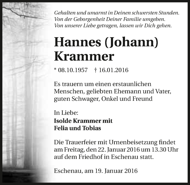  Traueranzeige für Hannes Krammer vom 19.01.2016 aus 