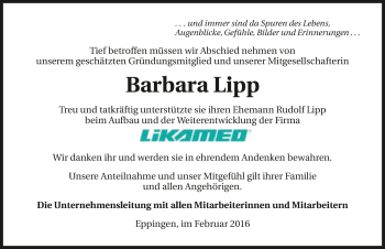 Traueranzeige von Barbara Lipp 