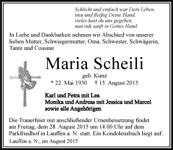 Traueranzeige von Maria Scheili 