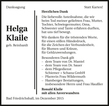 Traueranzeige von Helga Klaile 