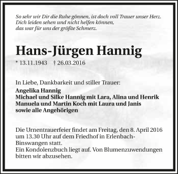 Traueranzeige von Hans-Jürgen Hannig 