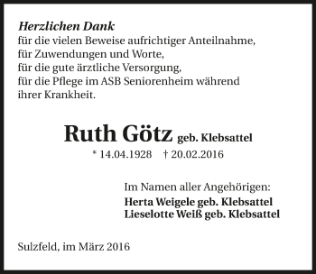 Traueranzeige von Ruth Götz 