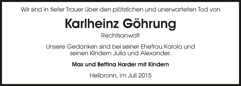  Traueranzeige für Karlheinz Göhrung vom 28.07.2015 aus 