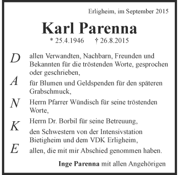 Traueranzeige von Karl Parenna 