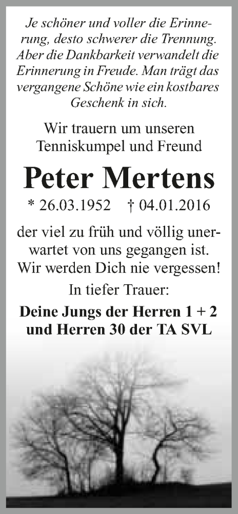  Traueranzeige für Peter Mertens vom 11.01.2016 aus 