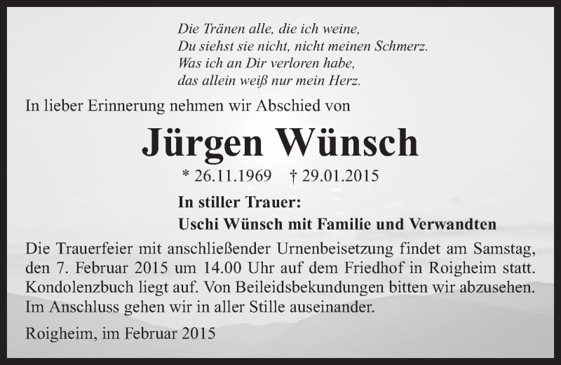  Traueranzeige für Jürgen Wünsch vom 04.02.2015 aus 