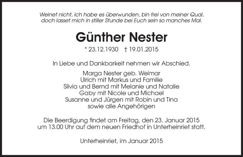  Traueranzeige für Günther Nester vom 21.01.2015 aus 
