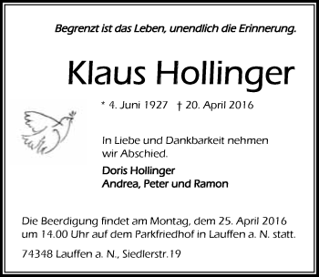Traueranzeige von Klaus Hollinger 