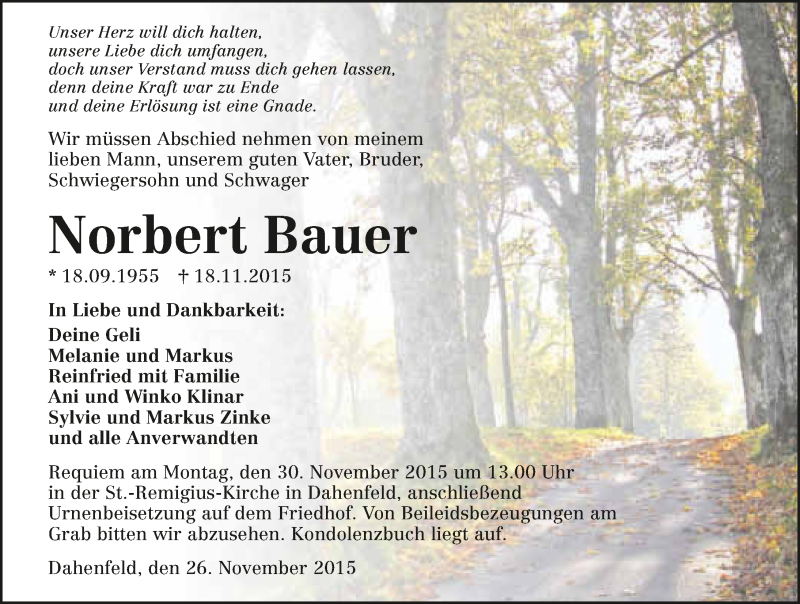  Traueranzeige für Norbert Bauer vom 26.11.2015 aus 