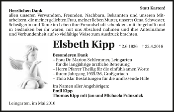 Traueranzeige von Elsbeth Kipp 