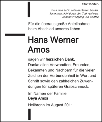 Traueranzeige von Hans Werner Amos 