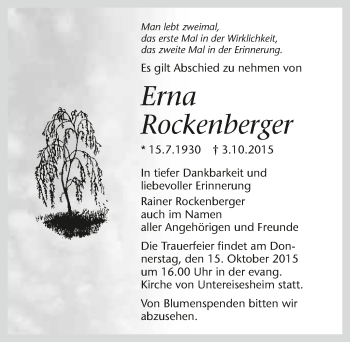 Traueranzeige von Erna Rockenberger 