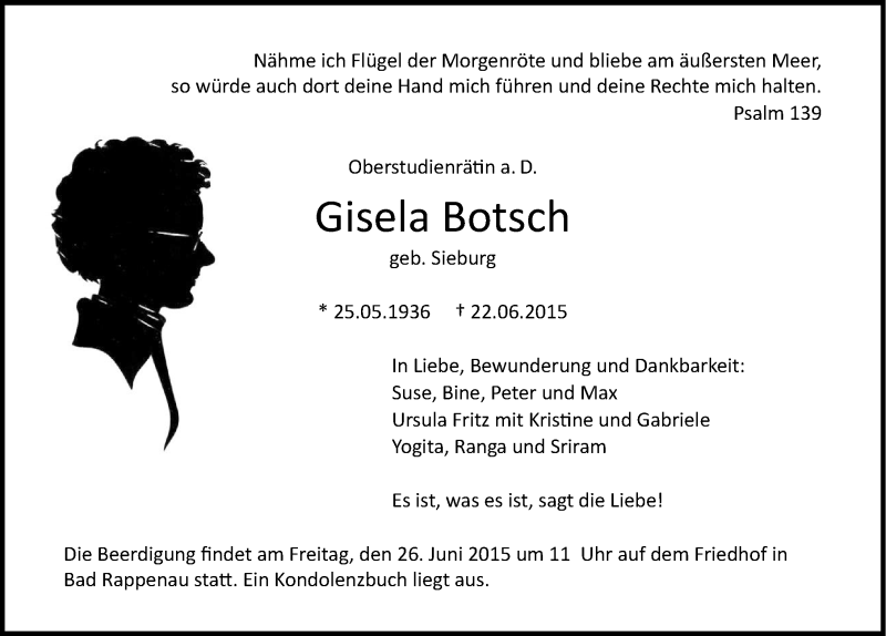  Traueranzeige für Gisela Botsch vom 24.06.2015 aus 