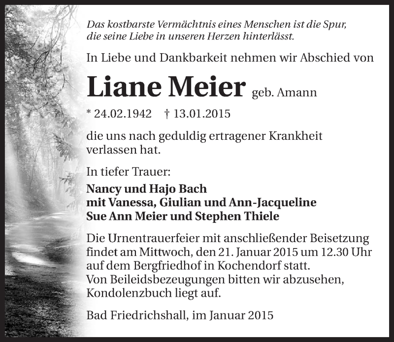  Traueranzeige für Liane Meier vom 17.01.2015 aus 