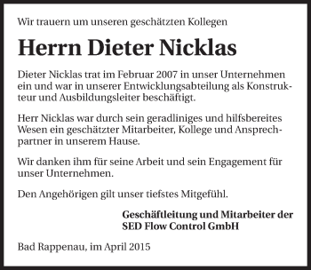 Traueranzeige von Dieter Nicklas 