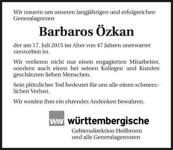 Traueranzeige von Barbaros Özkan 