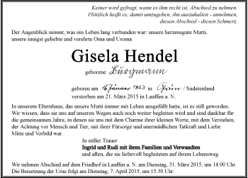 Traueranzeige von Gisela Hendel 