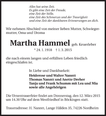 Traueranzeige von Martha Hammel 