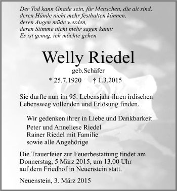 Traueranzeige von Welly Riedel 