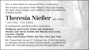 Traueranzeige von Theresia Nießer 