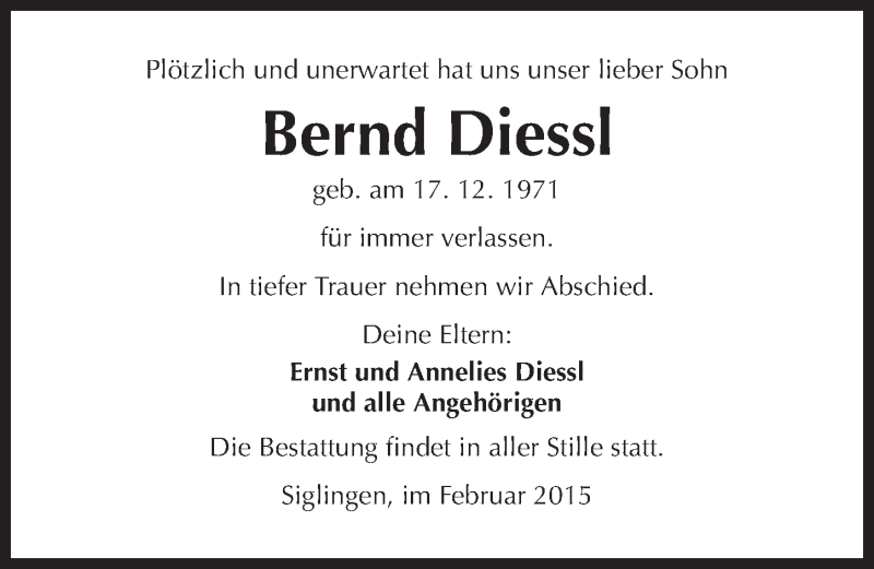  Traueranzeige für Bernd Diessl vom 20.02.2015 aus 