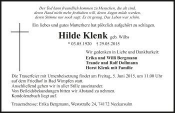 Traueranzeige von Hilde Klenk 