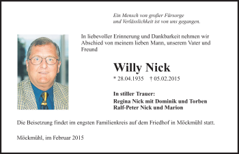 Traueranzeige von Willy Nick 