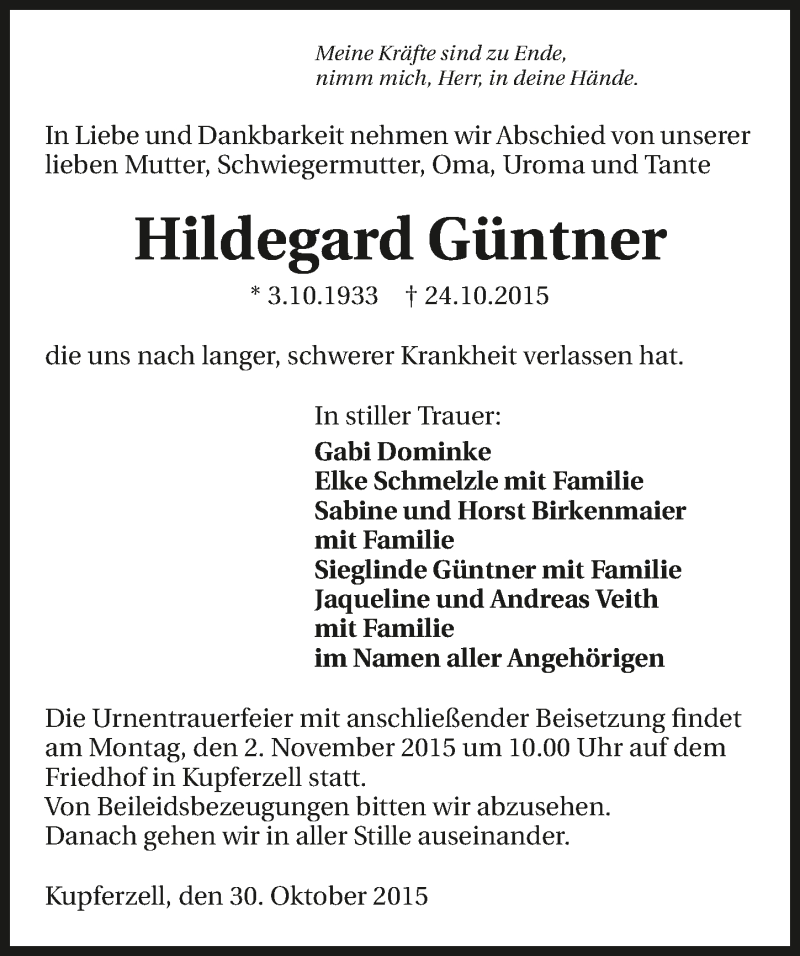  Traueranzeige für Hildegard Güntner vom 30.10.2015 aus 