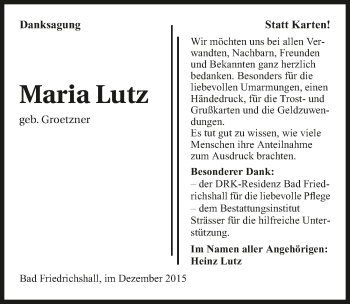 Traueranzeige von Maria Lutz 