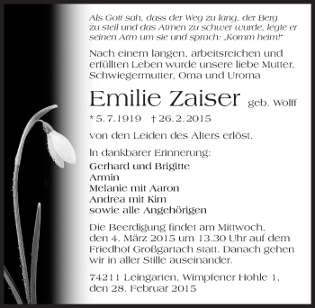 Traueranzeige von Emilie Zaiser 