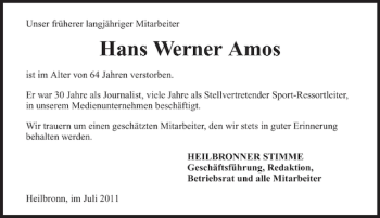 Traueranzeige von Hans Werner Amos 