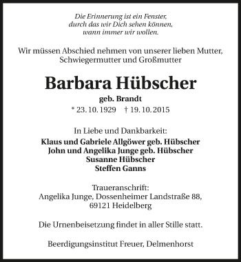 Traueranzeige von Barbara Hübscher 