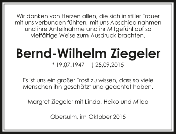 Traueranzeige von Bernd-Wilhelm Ziegeler 