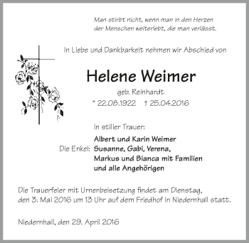 Traueranzeige von Helene Weimer 