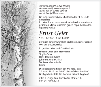 Traueranzeige von Ernst Geier 