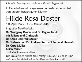 Traueranzeige von Hilde Rosa Doster 