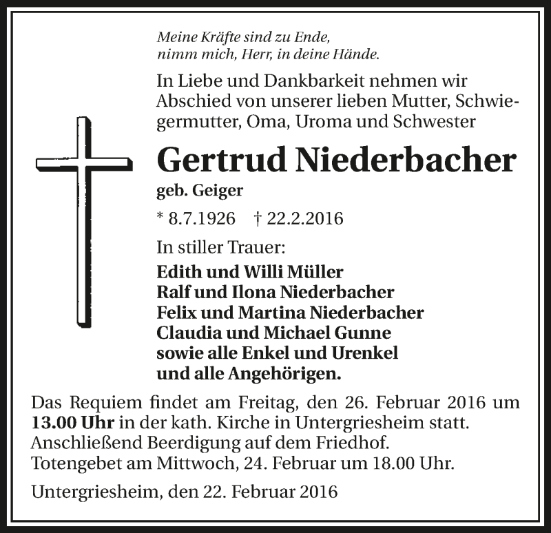  Traueranzeige für Gertrud Niederbacher vom 24.02.2016 aus 