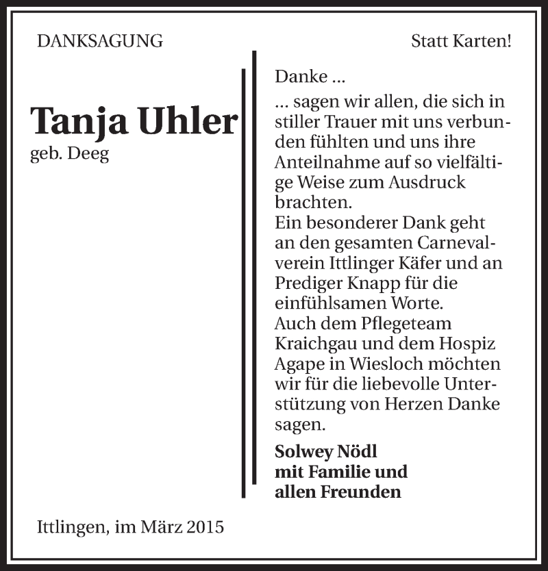  Traueranzeige für Tanja Uhler vom 28.03.2015 aus 