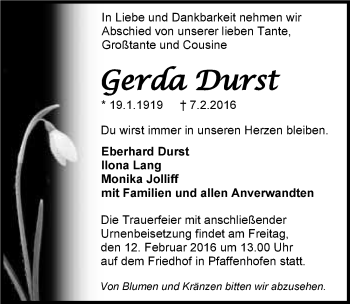 Traueranzeige von Gerda Durst 